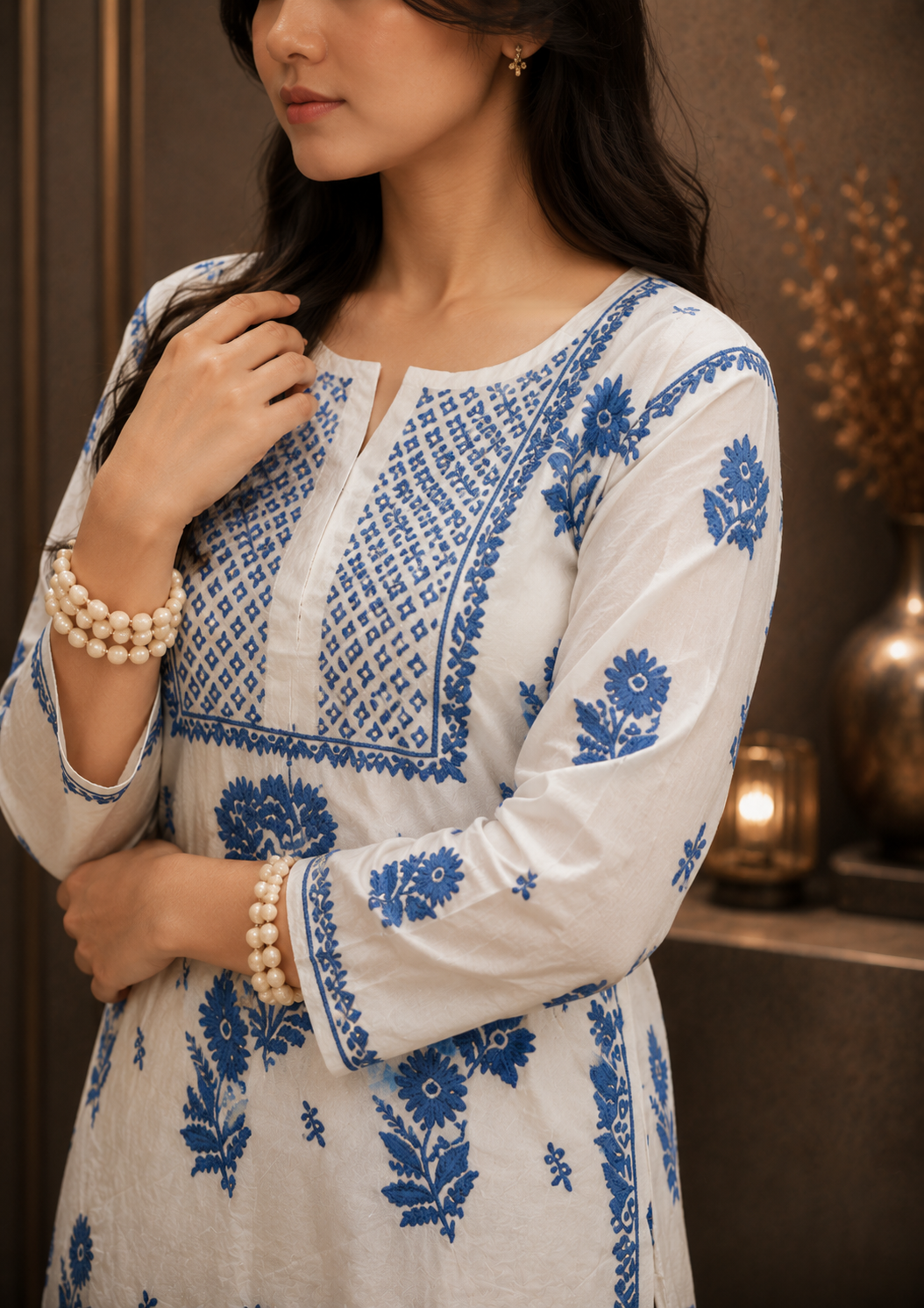 Pure Cotton Chikankari Straight Long Kurti Multi-Thread Hand Work
